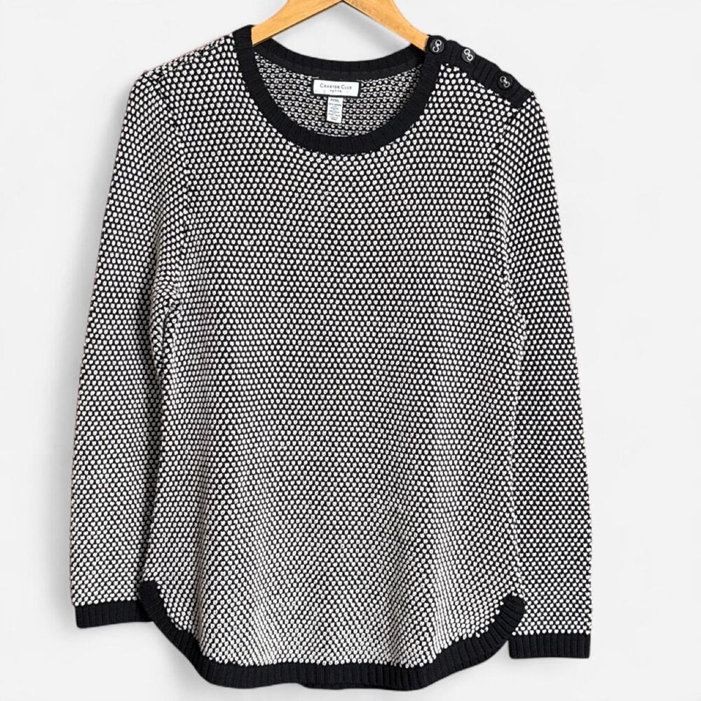 Charter Club Petite XL Black White Textured Knit Sweater Shoulder Buttons